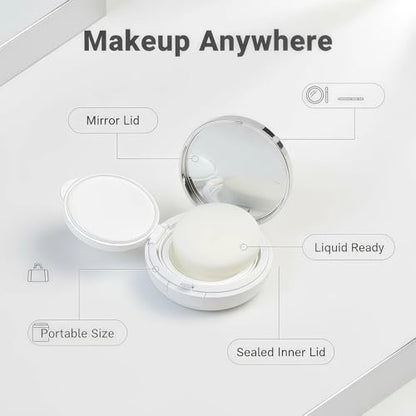 ASTRQLE White Silver Luxurious Edge Empty Air Cushion Puff Case – 15g Portable Makeup Powder Container with Mirror, Sponge Puff & Extra Inner Container for Foundation BB Cream