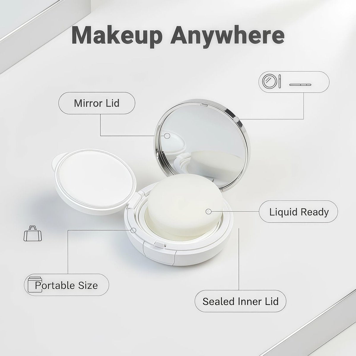 ASTRQLE White Silver Luxurious Edge Empty Air Cushion Puff Case – 15g Portable Makeup Powder Container with Mirror, Sponge Puff & Extra Inner Container for Foundation BB Cream - görsel 9