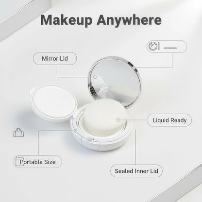 ASTRQLE White Silver Luxurious Edge Empty Air Cushion Puff Case – 15g Portable Makeup Powder Container with Mirror, Sponge Puff & Extra Inner Container for Foundation BB Cream