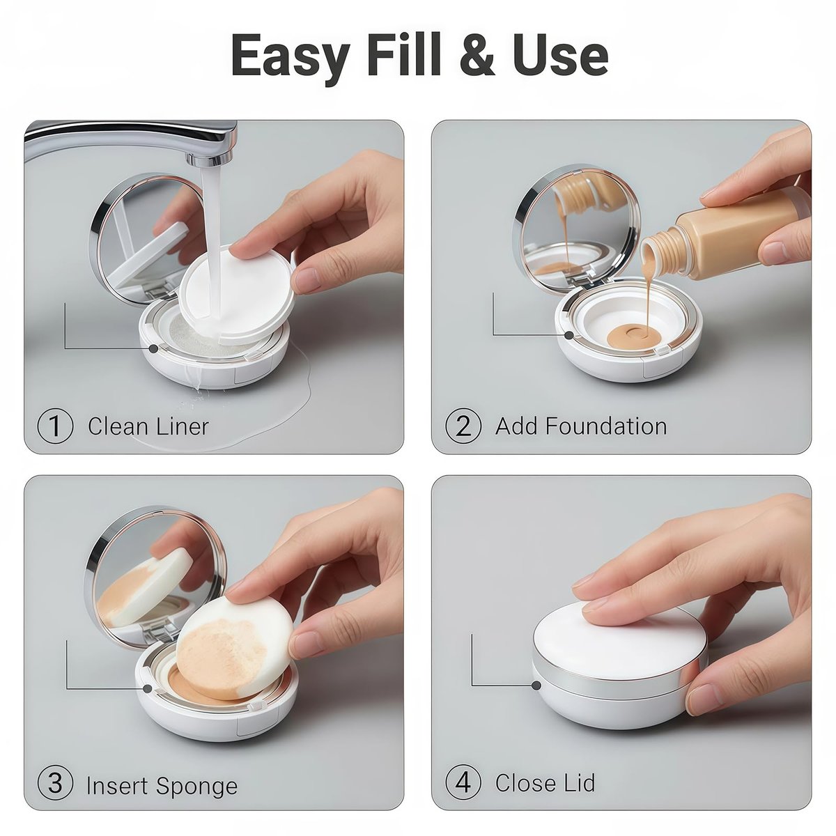 ASTRQLE White Silver Luxurious Edge Empty Air Cushion Puff Case – 15g Portable Makeup Powder Container with Mirror, Sponge Puff & Extra Inner Container for Foundation BB Cream - görsel 5