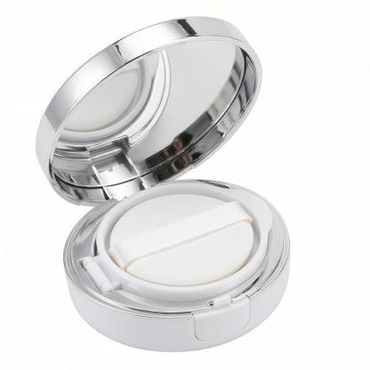 ASTRQLE White Silver Luxurious Edge Empty Air Cushion Puff Case – 15g Portable Makeup Powder Container with Mirror, Sponge Puff & Extra Inner Container for Foundation BB Cream