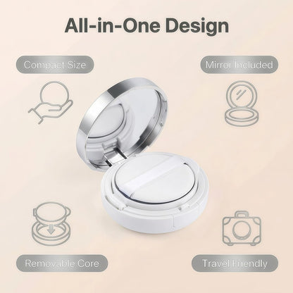 ASTRQLE White Silver Luxurious Edge Empty Air Cushion Puff Case – 15g Portable Makeup Powder Container with Mirror, Sponge Puff & Extra Inner Container for Foundation BB Cream