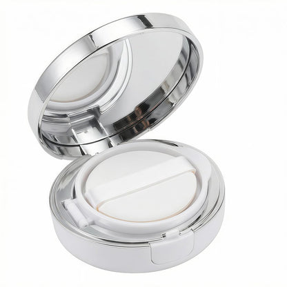 ASTRQLE White Silver Luxurious Edge Empty Air Cushion Puff Case – 15g Portable Makeup Powder Container with Mirror, Sponge Puff & Extra Inner Container for Foundation BB Cream