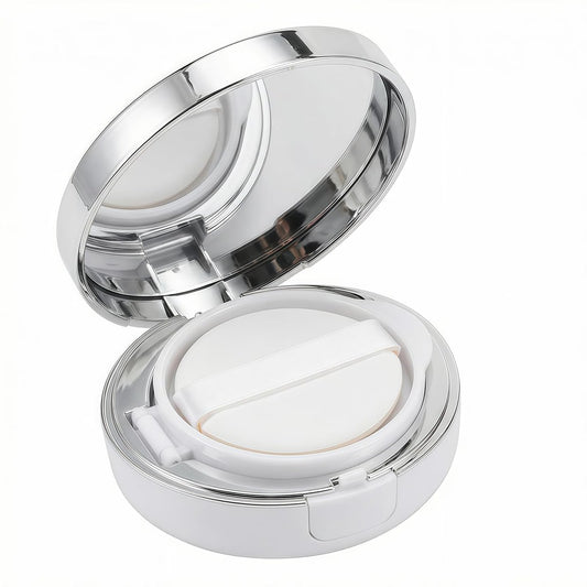 ASTRQLE White Silver Luxurious Edge Empty Air Cushion Puff Case – 15g Portable Makeup Powder Container with Mirror, Sponge Puff & Extra Inner Container for Foundation BB Cream