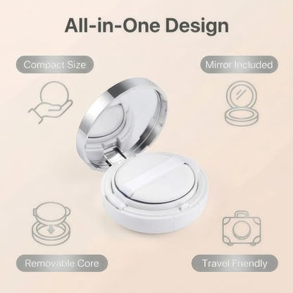 ASTRQLE White Silver Luxurious Edge Empty Air Cushion Puff Case – 15g Portable Makeup Powder Container with Mirror, Sponge Puff & Extra Inner Container for Foundation BB Cream