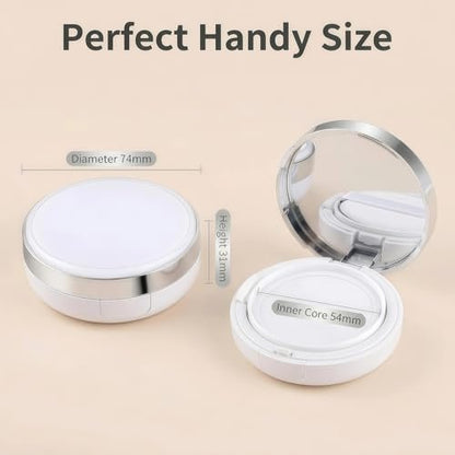 ASTRQLE White Silver Luxurious Edge Empty Air Cushion Puff Case – 15g Portable Makeup Powder Container with Mirror, Sponge Puff & Extra Inner Container for Foundation BB Cream