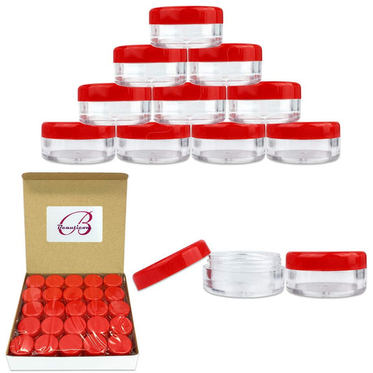 50 Pack Empty 5g Acrylic Clear Round Jars with Red Lids - BPA-Free Containers for Cosmetics, Creams, Samples & Small Accessories