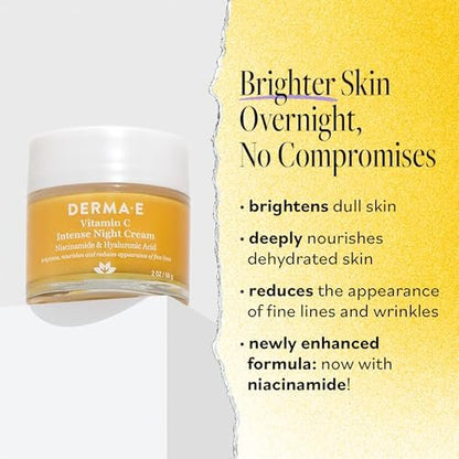 DERMA-E Vitamin C Intense Night Cream - Brightening & Hydrating Overnight Face Moisturizer for Youthful Radiance (2 oz)