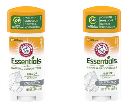 Arm & Hammer Essentials Unscented Deodorant with Natural Deodorizers, 2.5 oz (Pack of 2)