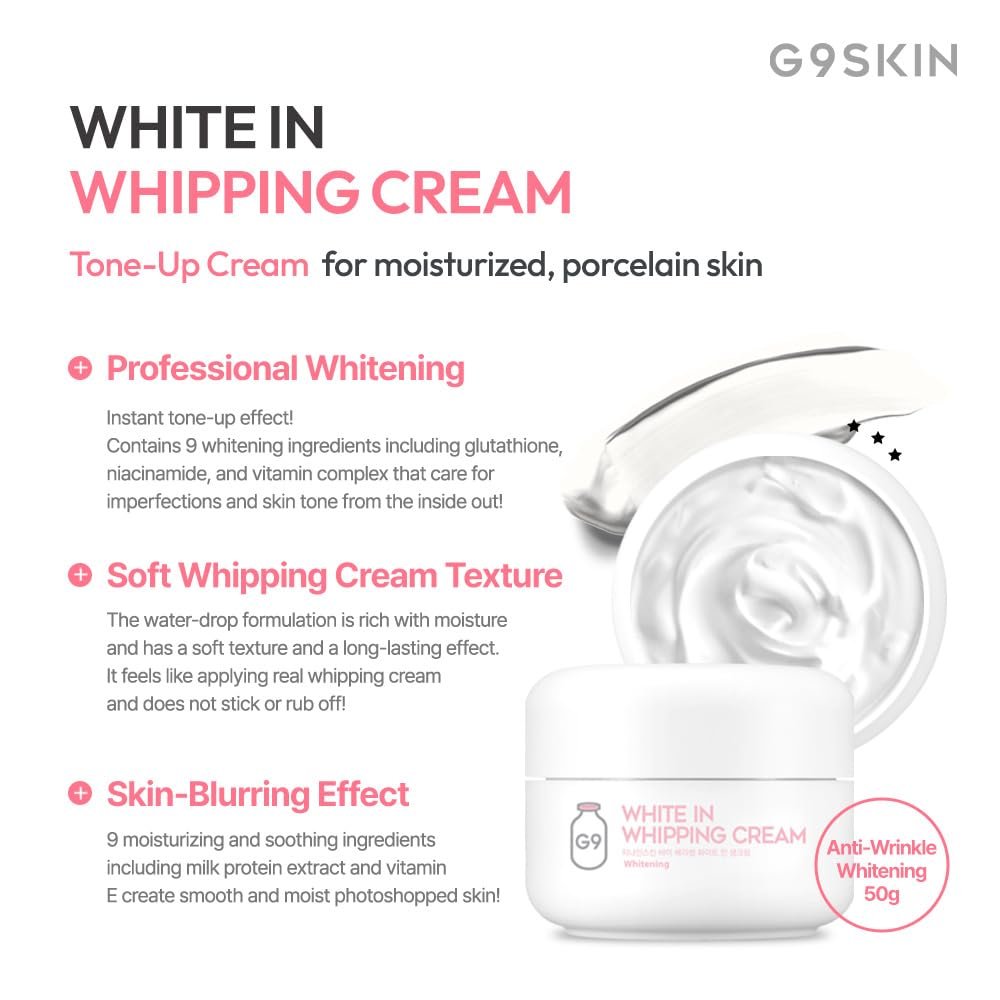 G9SKIN White In Whipping Cream - Hydrating & Brightening Daily Moisturizer, Real Milk Tone Up Face Cream for Dull, Uneven Skin, 50g / 1.76oz - görsel 5