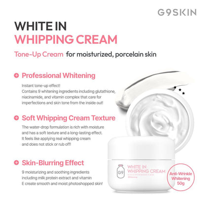 G9SKIN White In Whipping Cream - Hydrating & Brightening Daily Moisturizer, Real Milk Tone Up Face Cream for Dull, Uneven Skin, 50g / 1.76oz