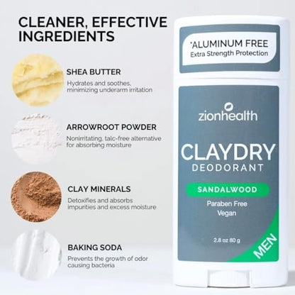 Natural Clay Dry Deodorant for Men – Sandalwood Scent – 2.8 oz Stick by Zion Health