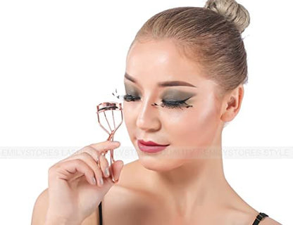 Professional Metal Eyelash Curler with 2 Replacement Silicone Pads – Pinch-Free, Pain-Free Lash Curler for All Eye Shapes (Gold, 3-Piece Set)