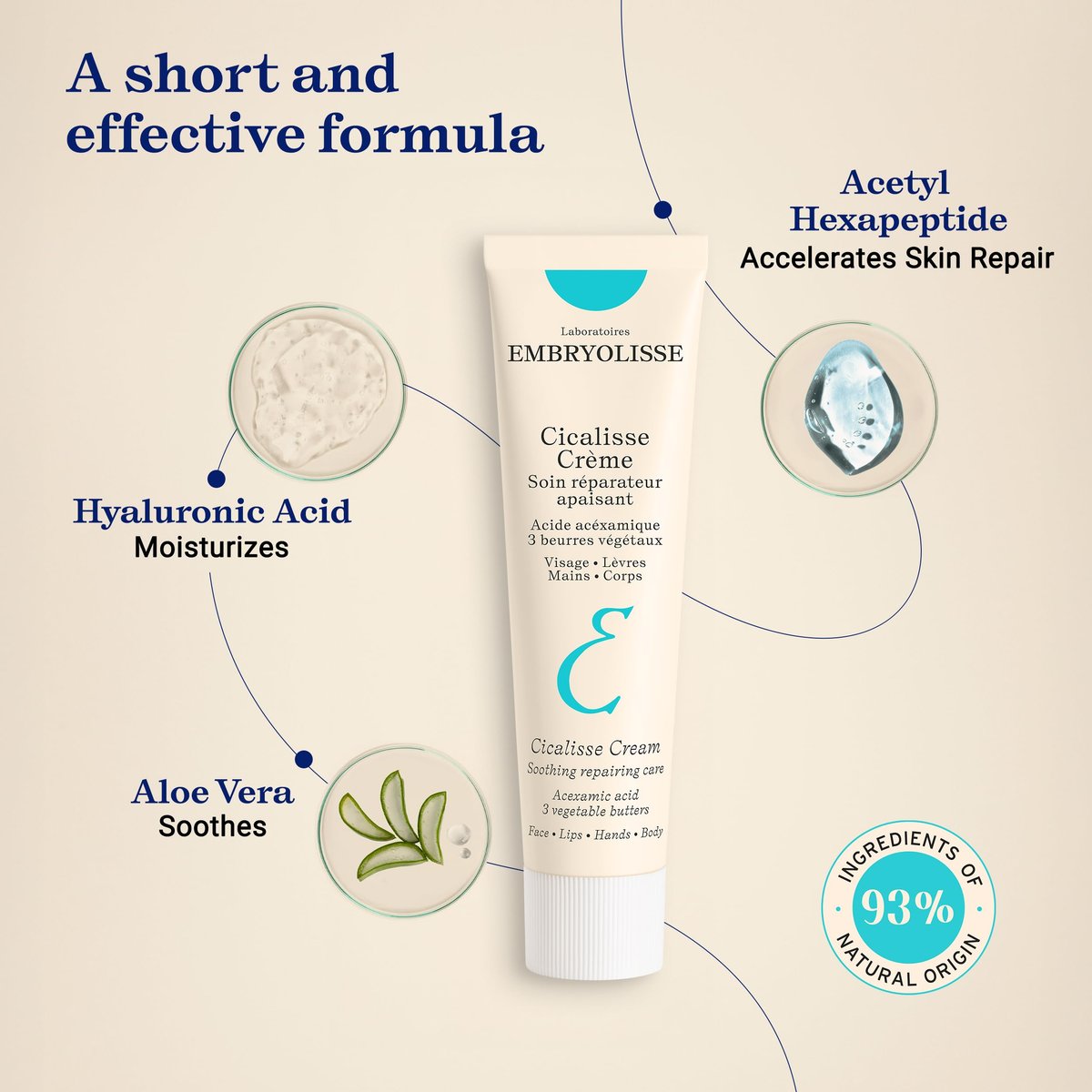 Embryolisse Cicalisse Face Cream - Hyaluronic Acid Moisturizer for Skin Restoration, Daily Care for Face, Body & Lips, All Skin Types, 1.35 Fl Oz Avelisse