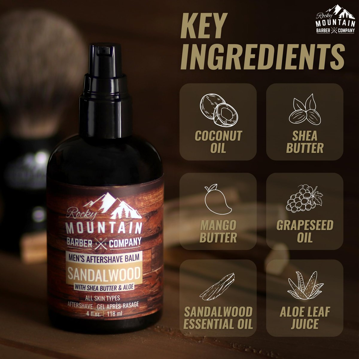 Rocky Mountain Barber Company Aftershave Balm for Men – Sandalwood, Coconut Oil, Shea Butter – 4 oz Avelisse