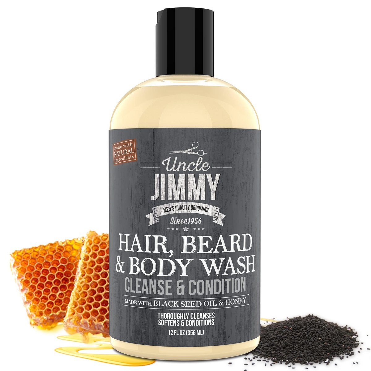 Uncle Jimmy Hair, Beard & Body Men's Wash - Sulfate Free, Paraben Free, 12 Fl Oz Avelisse