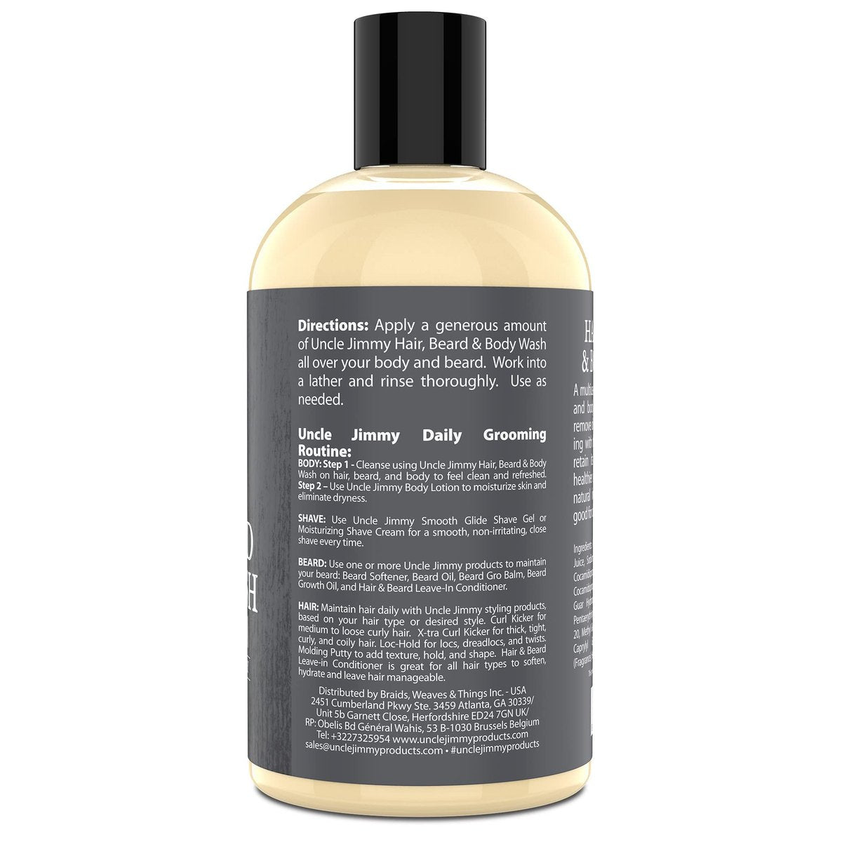 Uncle Jimmy Hair, Beard & Body Men's Wash - Sulfate Free, Paraben Free, 12 Fl Oz Avelisse