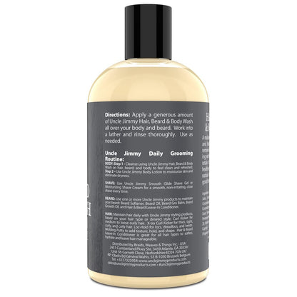 Uncle Jimmy Hair, Beard & Body Men's Wash - Sulfate Free, Paraben Free, 12 Fl Oz Avelisse