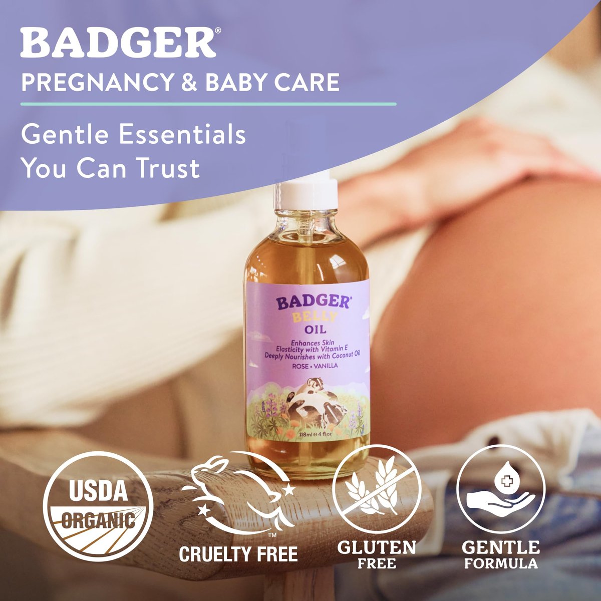 Badger Organic Pregnant Belly Oil - Jojoba & Coconut - 4 oz. | Stretch Mark Prevention & Skin Nourishment Avelisse