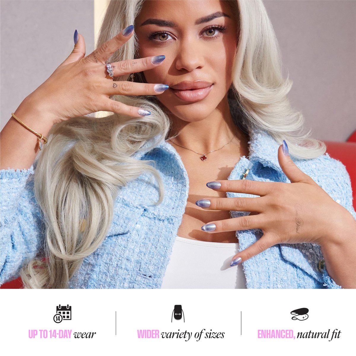 KISS Glam Press On Nails 'Glow Forever' - Blue Almond Medium Size - 32 Nails with Glue, Manicure Stick & Mini File Avelisse