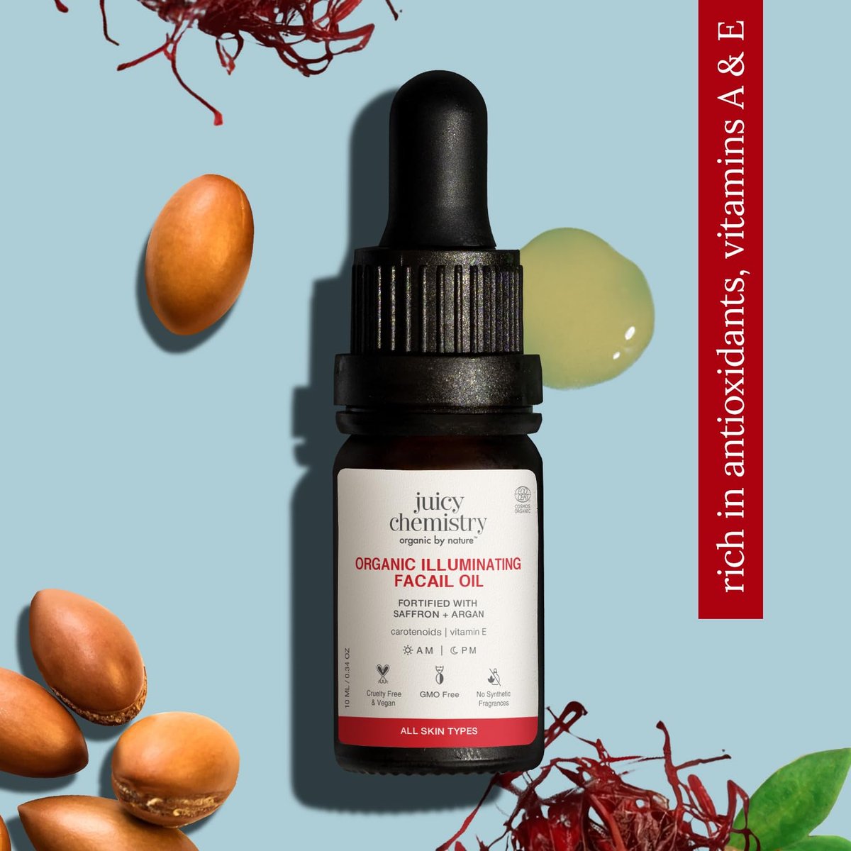 Juicy Chemistry Organic & 100% Natural Facial Oil with Saffron & Red Raspberry – Moisturizing Skin Repair, 10ml - görsel 9
