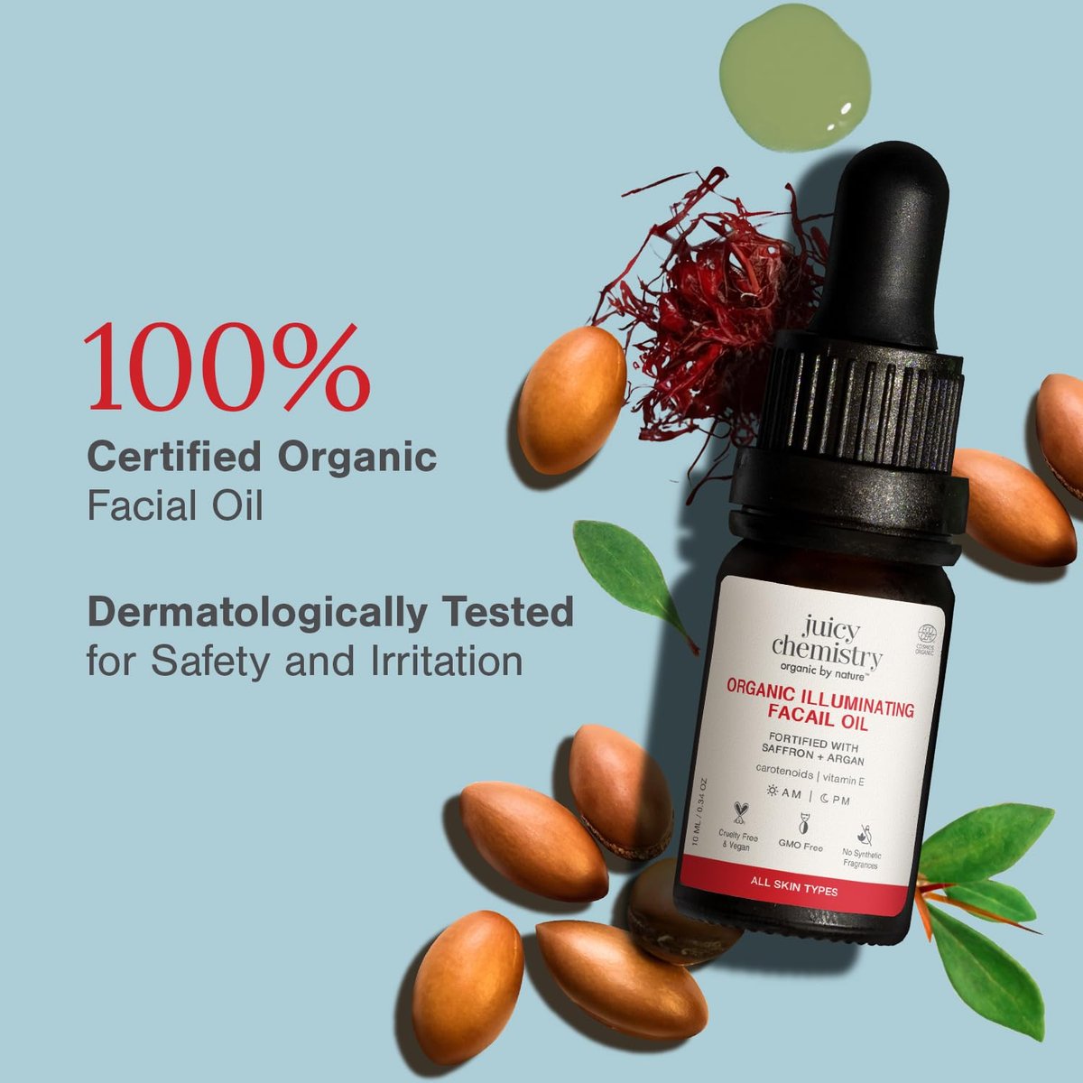 Juicy Chemistry Organic & 100% Natural Facial Oil with Saffron & Red Raspberry – Moisturizing Skin Repair, 10ml - görsel 5