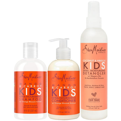 SheaMoisture Kids Mango & Carrot Shampoo and Conditioner Set with Orange Blossom Extract + Coconut & Hibiscus Extra-Moisturizing Detangler Spray, Anti-Frizz Hair Products for Kids Avelisse