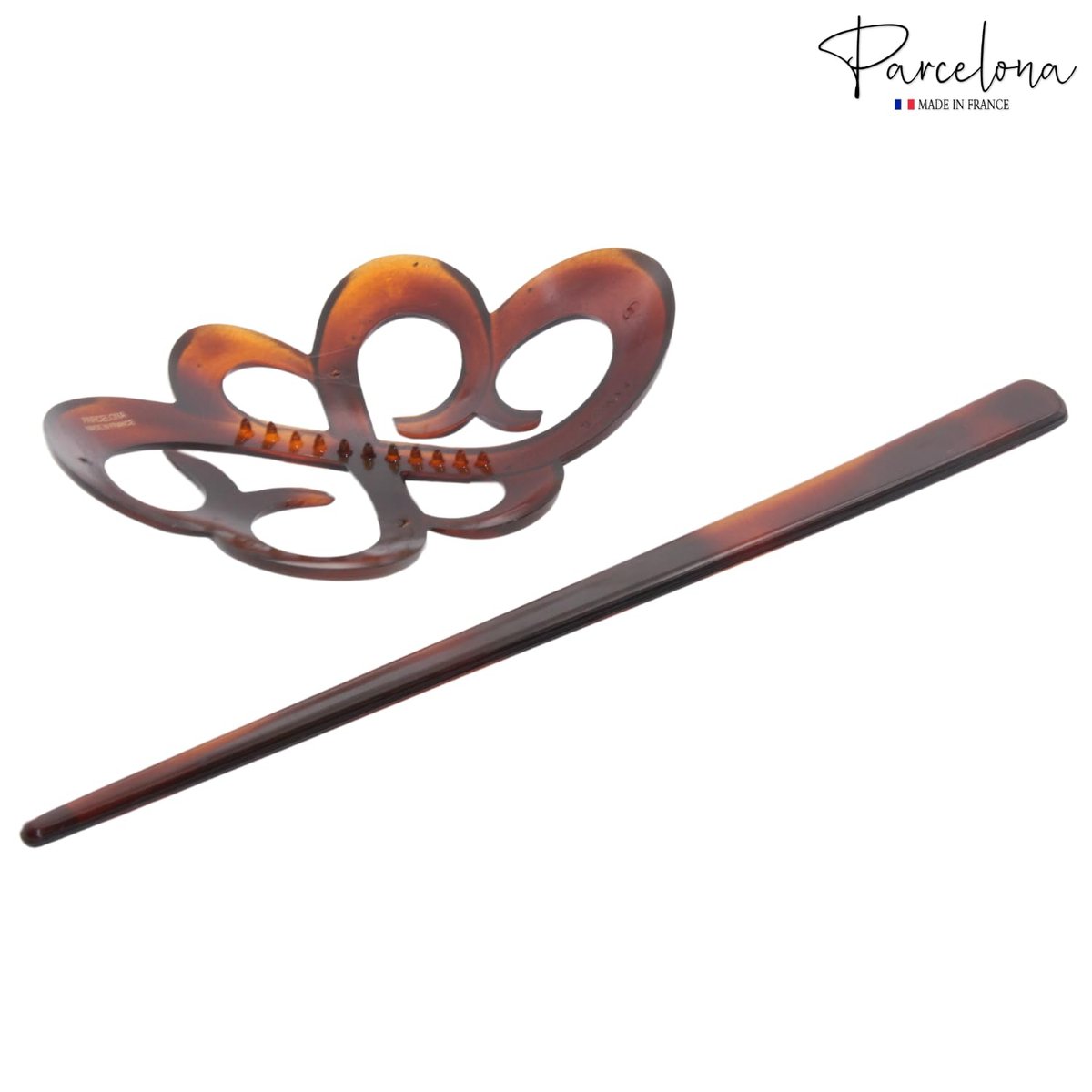 Parcelona French Wide Flower Tortoise Shell Brown Bun or Ponytail Bun Holder Hair Slider Pin Thru Clip with Stick - Cellulose Acetate - görsel 9