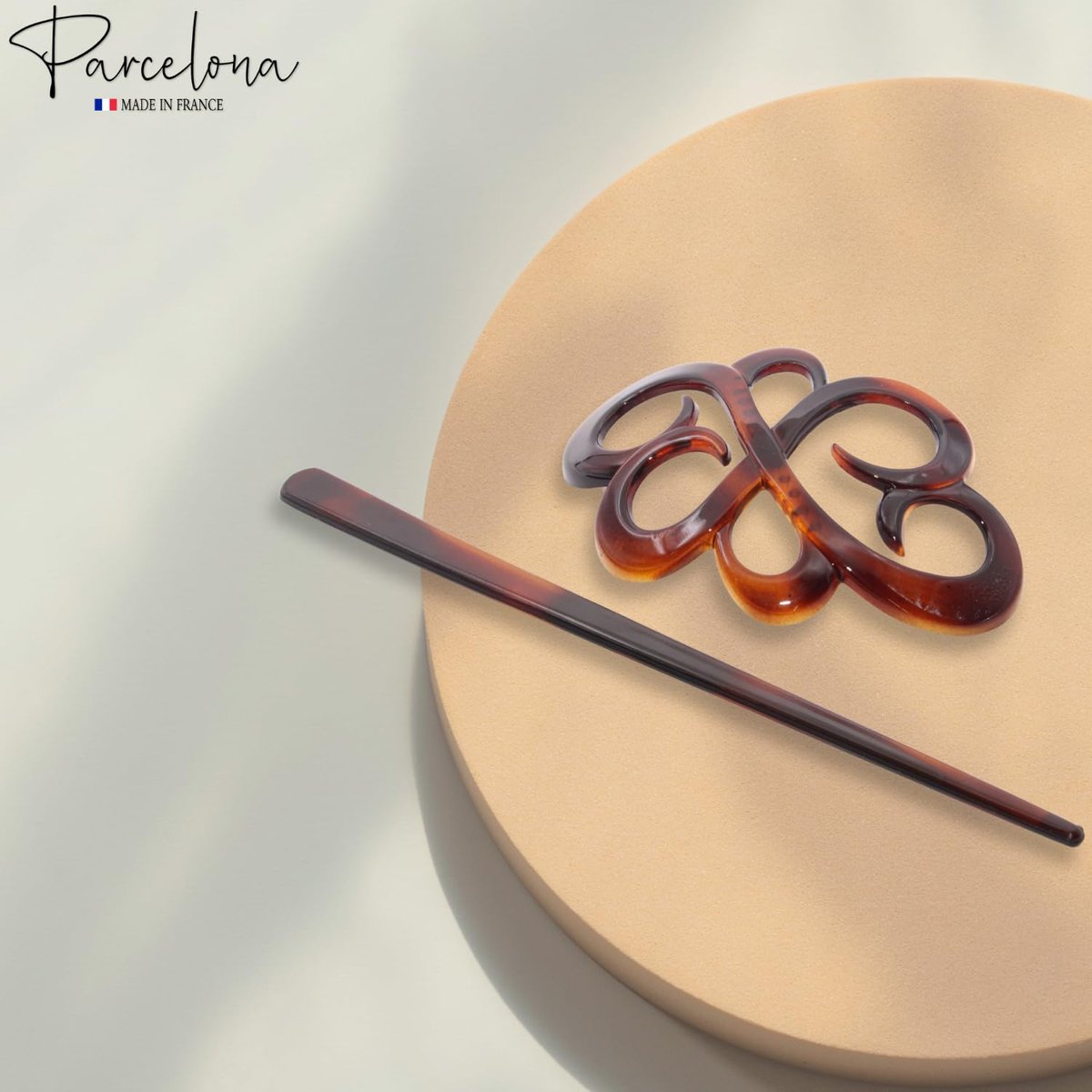 Parcelona French Wide Flower Tortoise Shell Brown Bun or Ponytail Bun Holder Hair Slider Pin Thru Clip with Stick - Cellulose Acetate - görsel 11