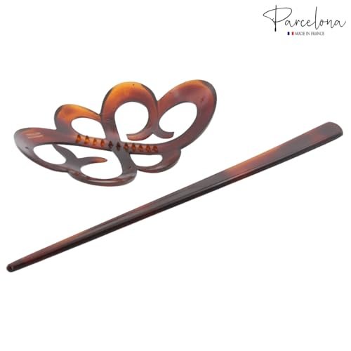 Parcelona French Wide Flower Tortoise Shell Brown Bun or Ponytail Bun Holder Hair Slider Pin Thru Clip with Stick - Cellulose Acetate - görsel 10