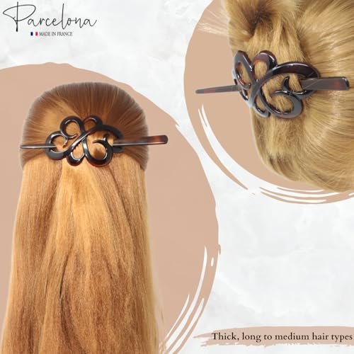 Parcelona French Wide Flower Tortoise Shell Brown Bun or Ponytail Bun Holder Hair Slider Pin Thru Clip with Stick - Cellulose Acetate - görsel 8