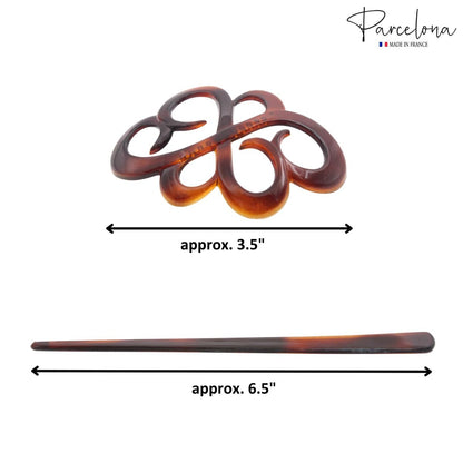 Parcelona French Wide Flower Tortoise Shell Brown Bun or Ponytail Bun Holder Hair Slider Pin Thru Clip with Stick - Cellulose Acetate