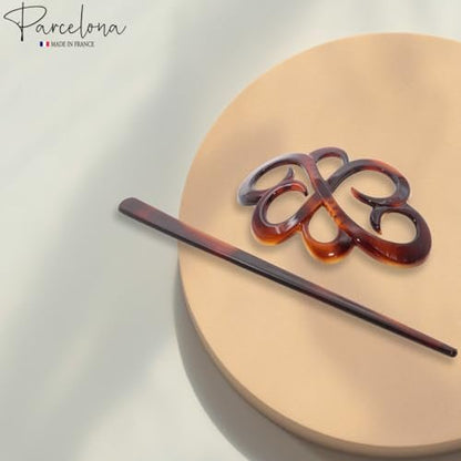 Parcelona French Wide Flower Tortoise Shell Brown Bun or Ponytail Bun Holder Hair Slider Pin Thru Clip with Stick - Cellulose Acetate