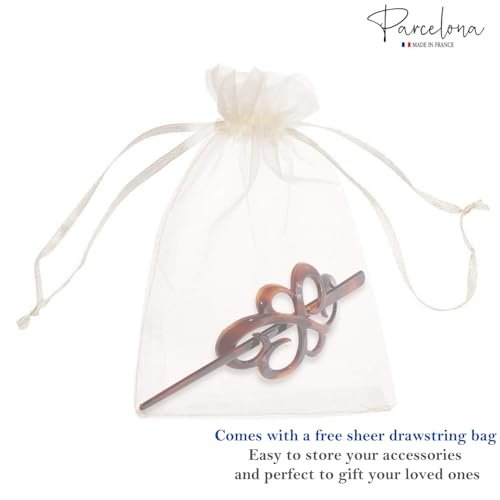 Parcelona French Wide Flower Tortoise Shell Brown Bun or Ponytail Bun Holder Hair Slider Pin Thru Clip with Stick - Cellulose Acetate - görsel 16