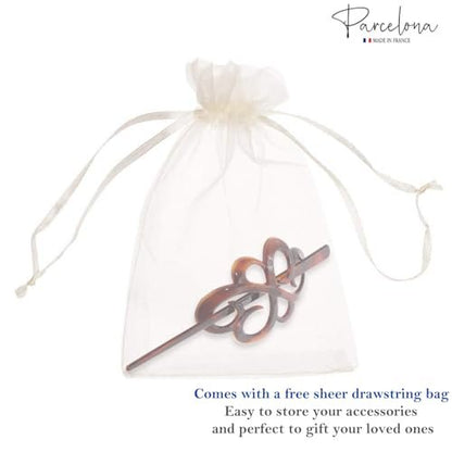 Parcelona French Wide Flower Tortoise Shell Brown Bun or Ponytail Bun Holder Hair Slider Pin Thru Clip with Stick - Cellulose Acetate