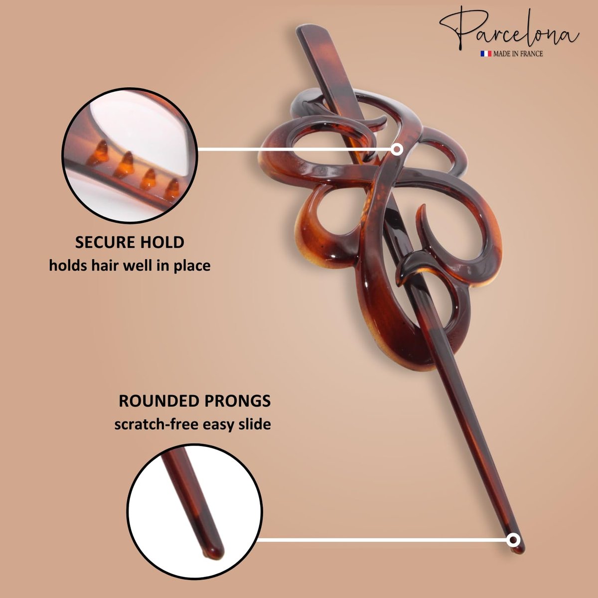 Parcelona French Wide Flower Tortoise Shell Brown Bun or Ponytail Bun Holder Hair Slider Pin Thru Clip with Stick - Cellulose Acetate - görsel 5