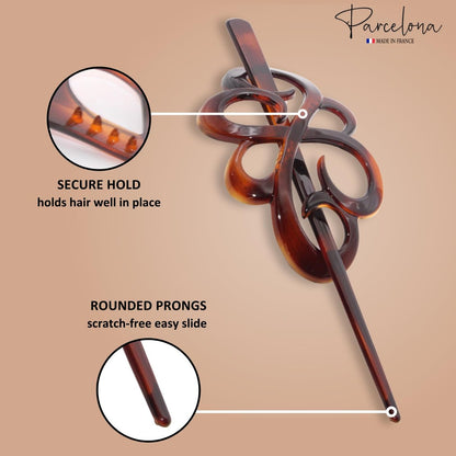 Parcelona French Wide Flower Tortoise Shell Brown Bun or Ponytail Bun Holder Hair Slider Pin Thru Clip with Stick - Cellulose Acetate