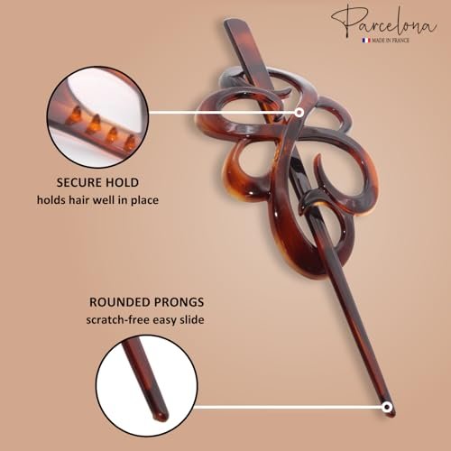 Parcelona French Wide Flower Tortoise Shell Brown Bun or Ponytail Bun Holder Hair Slider Pin Thru Clip with Stick - Cellulose Acetate - görsel 6
