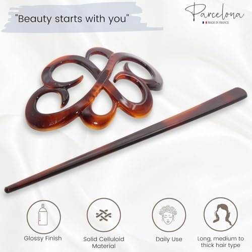 Parcelona French Wide Flower Tortoise Shell Brown Bun or Ponytail Bun Holder Hair Slider Pin Thru Clip with Stick - Cellulose Acetate - görsel 4