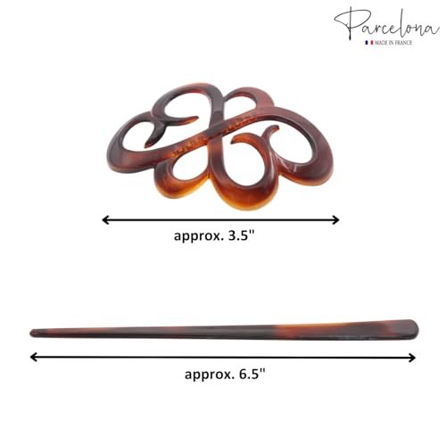 Parcelona French Wide Flower Tortoise Shell Brown Bun or Ponytail Bun Holder Hair Slider Pin Thru Clip with Stick - Cellulose Acetate - görsel 14