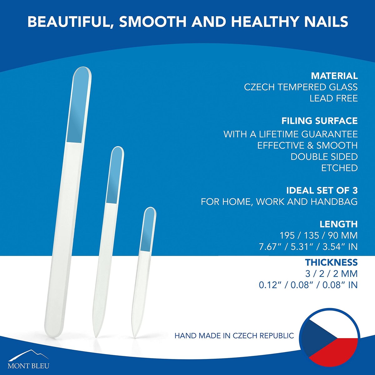 Mont Bleu Professional Set of 3 Czech Glass Nail Files - Genuine Tempered Glass - Handmade Gift Set - Washable Double Sided Etched Nail File for Natural Nails - görsel 5