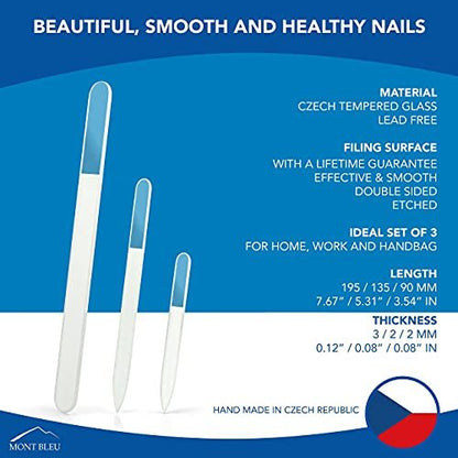 Mont Bleu Professional Set of 3 Czech Glass Nail Files - Genuine Tempered Glass - Handmade Gift Set - Washable Double Sided Etched Nail File for Natural Nails