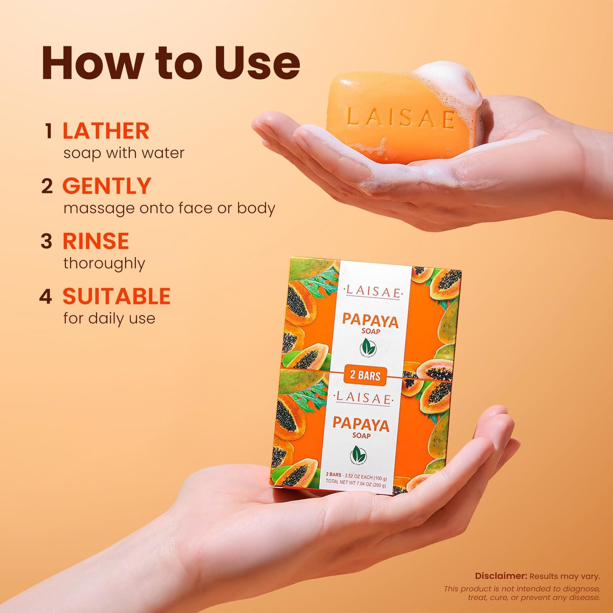 LAISAE Papaya Exfoliating Soap – Hydrating Face Moisturizer with Niacinamide, Shea Butter & Aloe Vera – Even Skin Tone Body Cleansing Bar for Sensitive Skin – Vegan, 3.52 oz (2 Bars) Avelisse