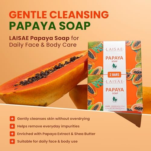 LAISAE Papaya Exfoliating Soap – Hydrating Face Moisturizer with Niacinamide, Shea Butter & Aloe Vera – Even Skin Tone Body Cleansing Bar for Sensitive Skin – Vegan, 3.52 oz (2 Bars) Avelisse