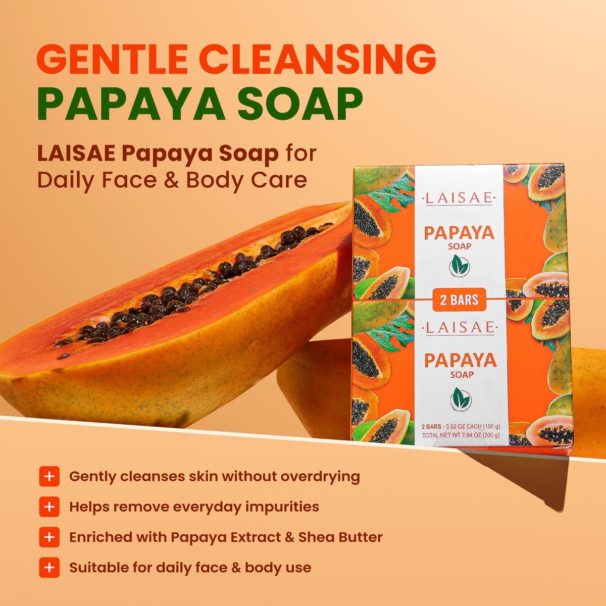 LAISAE Papaya Exfoliating Soap – Hydrating Face Moisturizer with Niacinamide, Shea Butter & Aloe Vera – Even Skin Tone Body Cleansing Bar for Sensitive Skin – Vegan, 3.52 oz (2 Bars) Avelisse