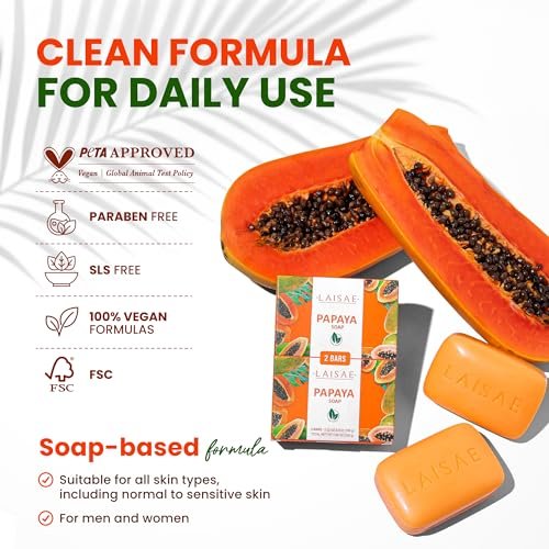 LAISAE Papaya Exfoliating Soap – Hydrating Face Moisturizer with Niacinamide, Shea Butter & Aloe Vera – Even Skin Tone Body Cleansing Bar for Sensitive Skin – Vegan, 3.52 oz (2 Bars) Avelisse