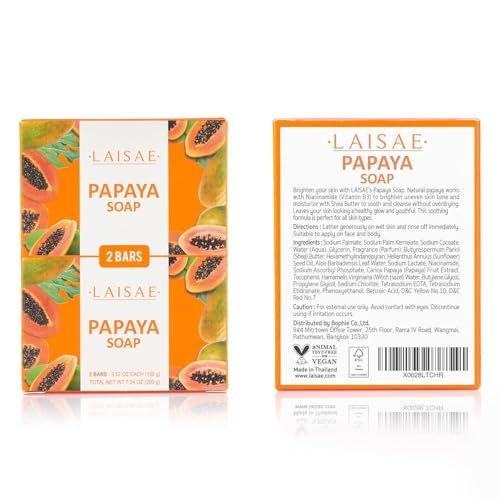 LAISAE Papaya Exfoliating Soap – Hydrating Face Moisturizer with Niacinamide, Shea Butter & Aloe Vera – Even Skin Tone Body Cleansing Bar for Sensitive Skin – Vegan, 3.52 oz (2 Bars) Avelisse