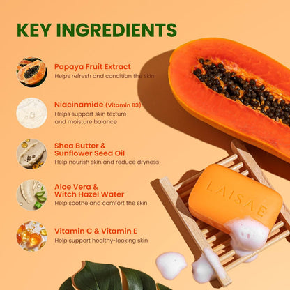 LAISAE Papaya Exfoliating Soap – Hydrating Face Moisturizer with Niacinamide, Shea Butter & Aloe Vera – Even Skin Tone Body Cleansing Bar for Sensitive Skin – Vegan, 3.52 oz (2 Bars) Avelisse