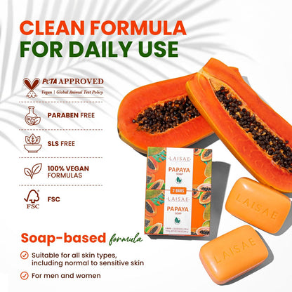 LAISAE Papaya Exfoliating Soap – Hydrating Face Moisturizer with Niacinamide, Shea Butter & Aloe Vera – Even Skin Tone Body Cleansing Bar for Sensitive Skin – Vegan, 3.52 oz (2 Bars) Avelisse