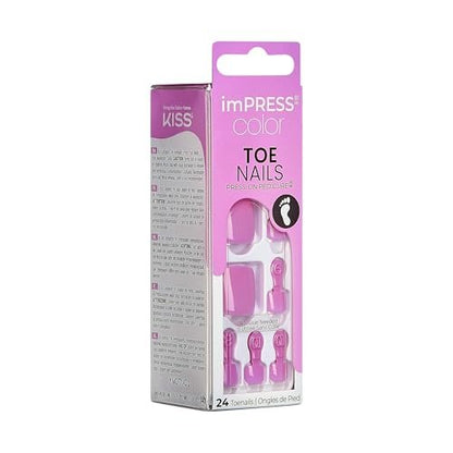 KISS imPRESS Color No Glue Pedi Press-On Toenails - Pink Squoval Shape, Large (24 Nails + Prep Pad + Manicure Stick + Mini File)